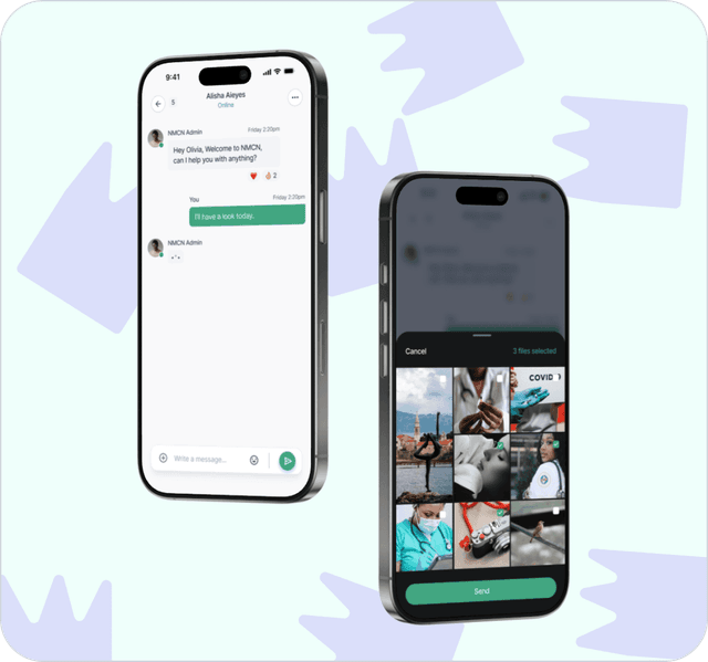 Two phones showing the Nursing and Midwifery Council of Nigeria messaging app: a support conversation and a photo picker.