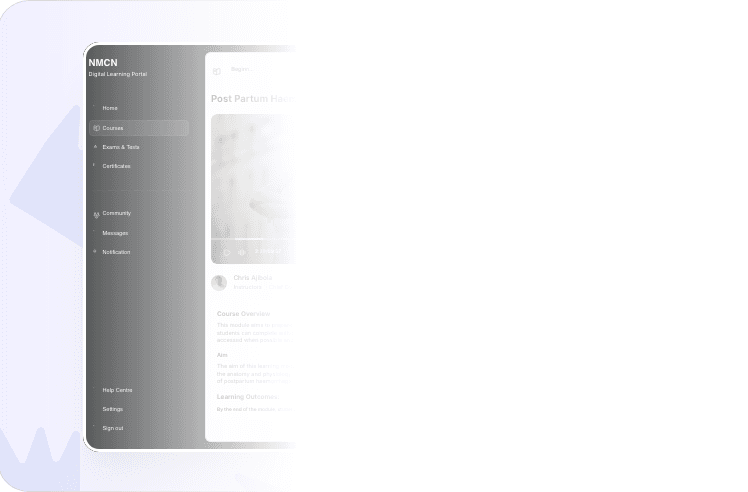 The NMCN Digital Learning Portal, with a course on post-partum haemorrhage open beside the navigation sidebar.