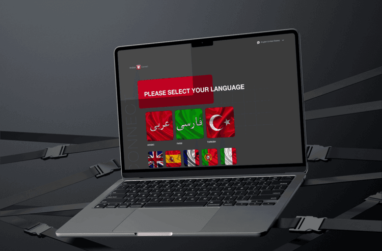 The RHEMA Connect language chooser open on a laptop, offering Arabic, Farsi, Turkish and six other languages.
