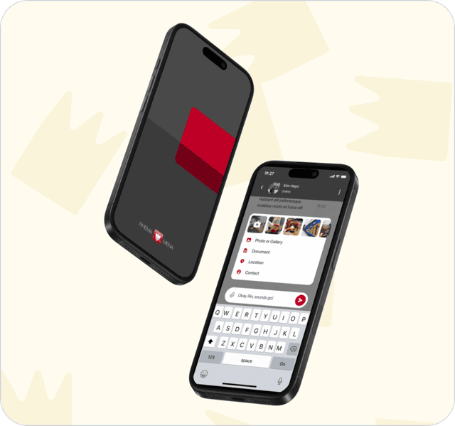 The RHEMA MENA mobile app: a splash screen and a chat with the attachment menu open.