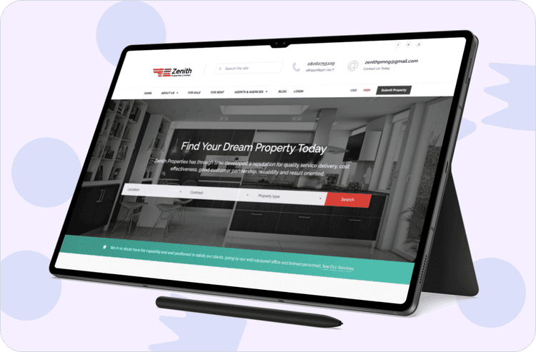The Zenith Properties website on a tablet, showing the property search over a kitchen interior.