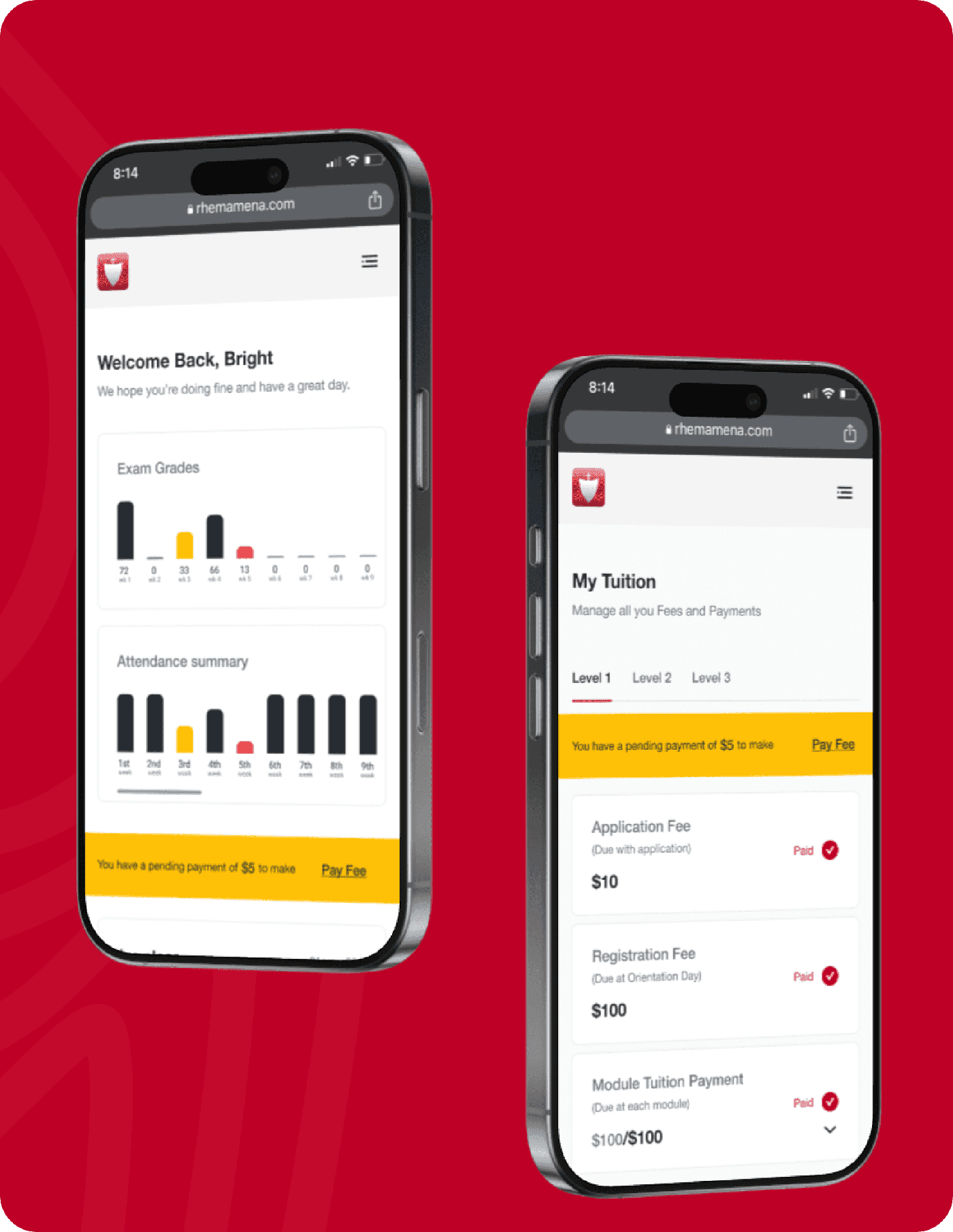 The RHEMA MENA mobile app dashboard showing exam grades and attendance charts.