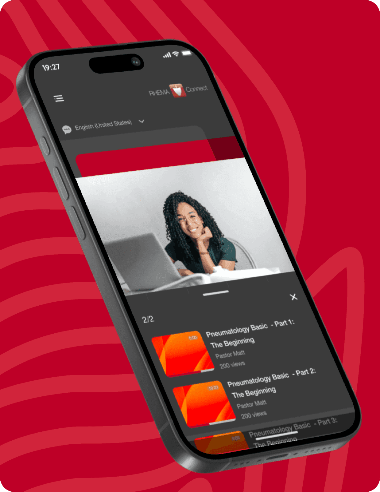 A RHEMA Connect media player screen on mobile.