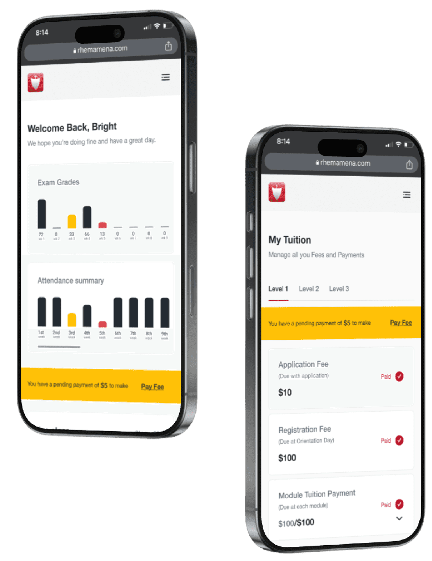Two phones showing the RHEMA MENA student app: a dashboard with exam grades and a tuition payment screen.