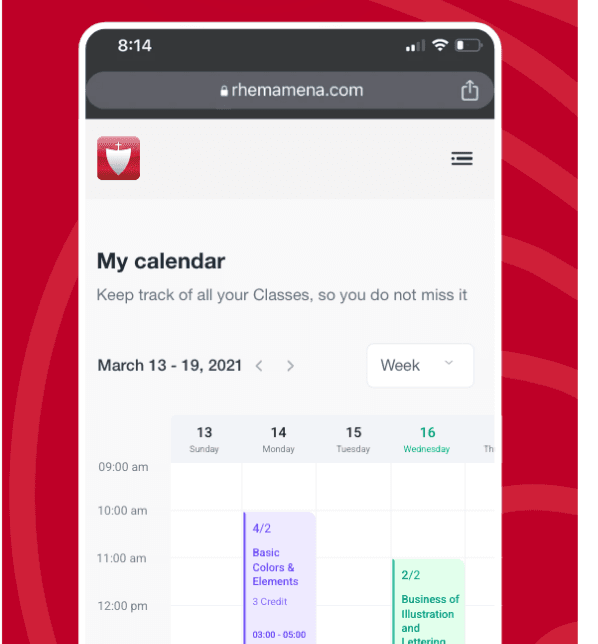 The same calendar in a mobile browser at rhemamena.com, showing the week of 13–19 March.
