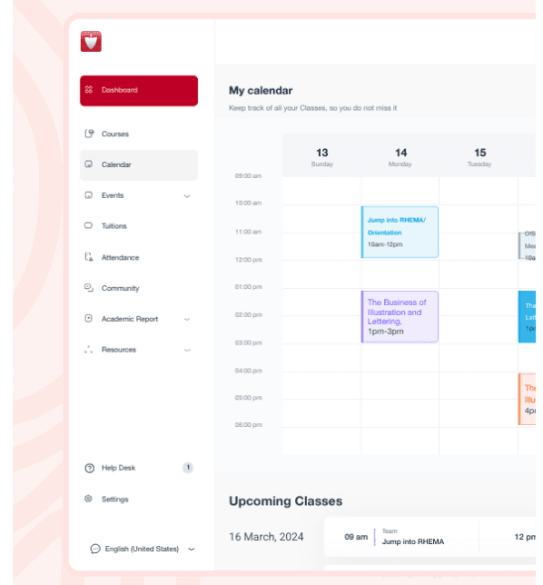 The RHEMA MENA web dashboard: a sidebar of course tools beside a weekly calendar of classes.