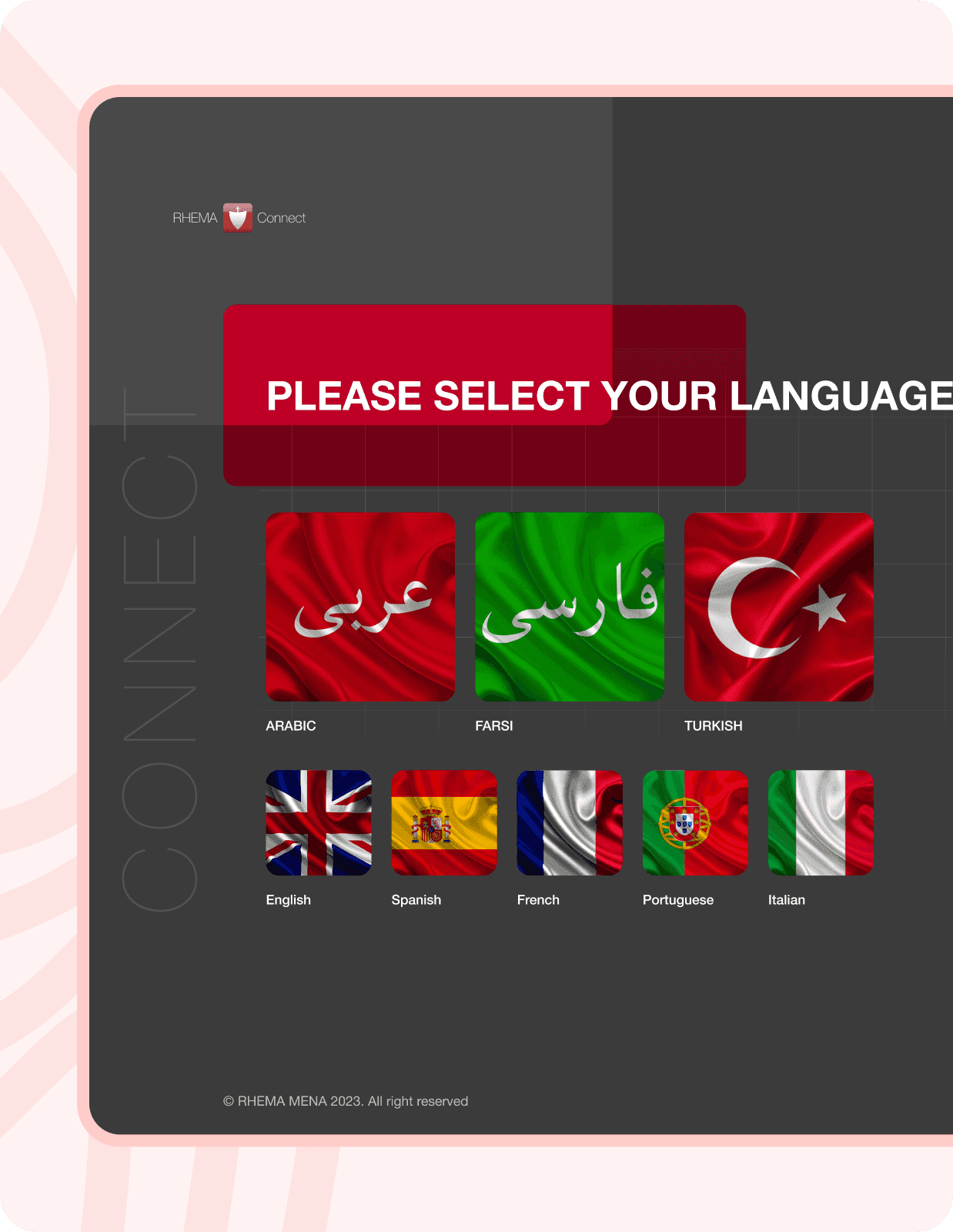 RHEMA Connect language selection on mobile.