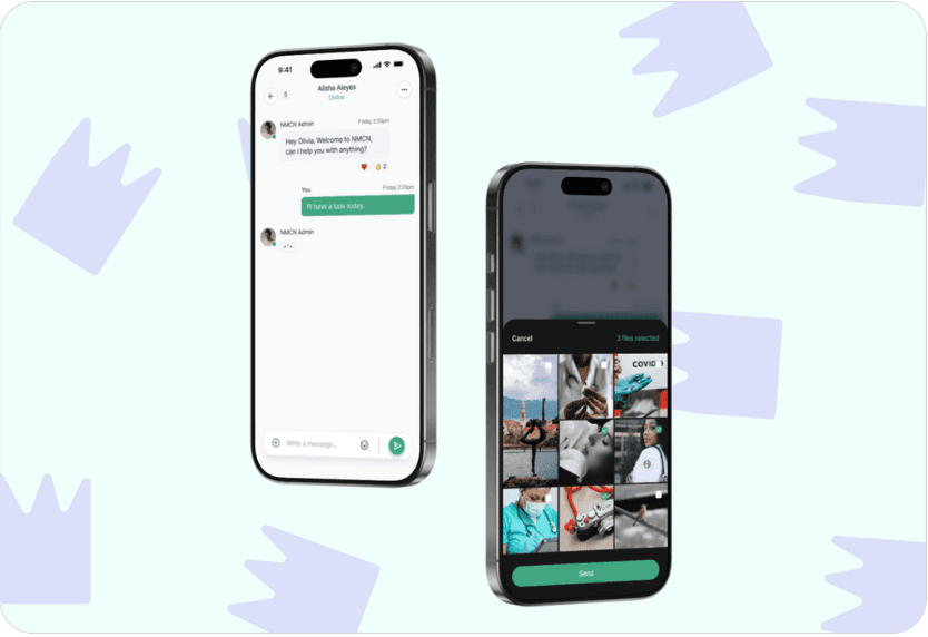 Two phones showing a messaging app with a chat thread and a photo picker.