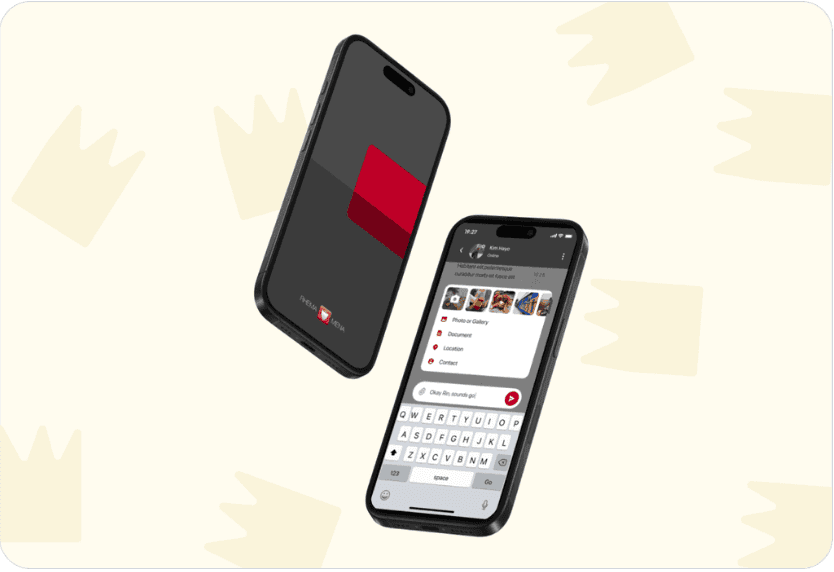 Two phones showing a dark-themed app: a splash screen and a media gallery.