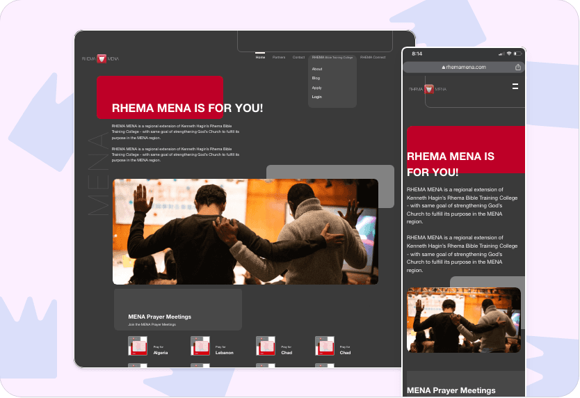 The RHEMA MENA website on desktop and mobile, showing the homepage and prayer meeting listings.